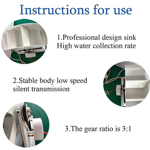 Mini 50W Low-Speed Water Turbine Generator instructions showing professional design sink, stable silent transmission, gear ratio 3:1.