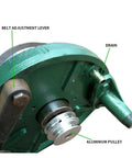 Close-up of Plug And Play Dual Head Gem Polishing Machine With 250 Watt Motor showing belt adjustment lever and aluminum pulley.