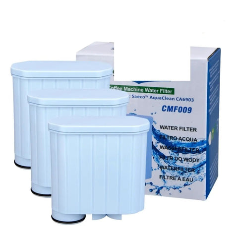Premium AquaClean Compatible Replacement Filter 6-pack with blue water filters for coffee makers, designed to block limescale and chlorine.