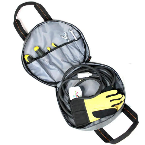 Heavy Duty Jumper Cable Organizer Bag That Straight Up Keeps Your EV Charging Cords Extension Lines And Tow Straps Snag Free With Zero Sweat Using A Secure Zipper And Sturdy Handle with tools and charging cables inside.