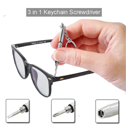 Five In One Pocket Precision Screwdriver Set For Glasses And Electronics With Swivel Head And Non Slip Grip, shown fixing glasses
