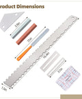 8 Piece Guitar Neck Straight Edge Kit with notched straight edge, fret rocker, grindstones, ruler, showing dimensions