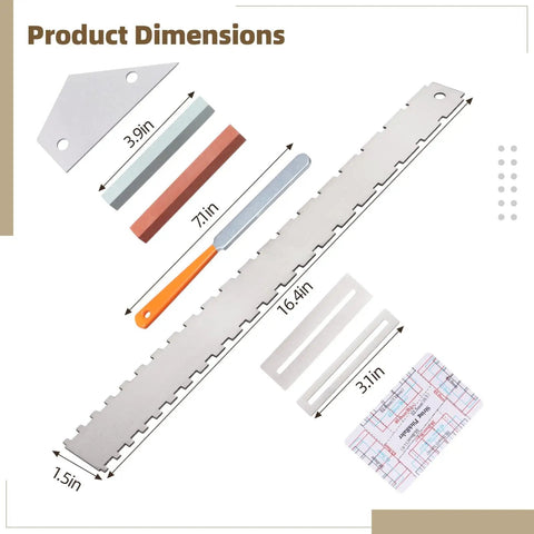 8 Piece Guitar Neck Straight Edge Kit with notched straight edge, fret rocker, grindstones, ruler, showing dimensions