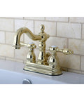 Four Inch Centerset Bathroom Faucet In Polished Brass With Lifetime Drip Free Ceramic Cartridge Brass Construction in bathroom.