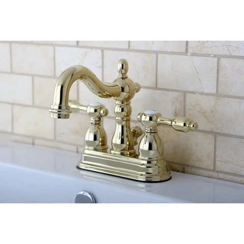 Four Inch Centerset Bathroom Faucet In Polished Brass With Lifetime Drip Free Ceramic Cartridge Brass Construction in bathroom.