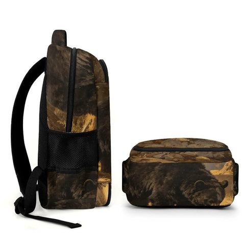 Side and bottom view of Wild Bear Printed Unisex Backpack Large Capacity For School Hiking And Travel Durable Polyester Daypack
