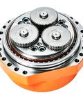 Heavy Duty Six Axis Robot Gearbox Packing Hella Reliable Torque And Smooth Operation For Industrial Automation Machinery Precision Planetary Reduction Drive, steel gears in orange housing.