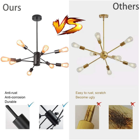 8 Light Dope Modern Industrial Ceiling Chandelier With Adjustable Height Black Finish anti-rust comparison with brass model
