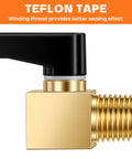 Side view of brass air compressor drain valve with black handle and threaded end, highlighted with Teflon tape sealing benefits.
