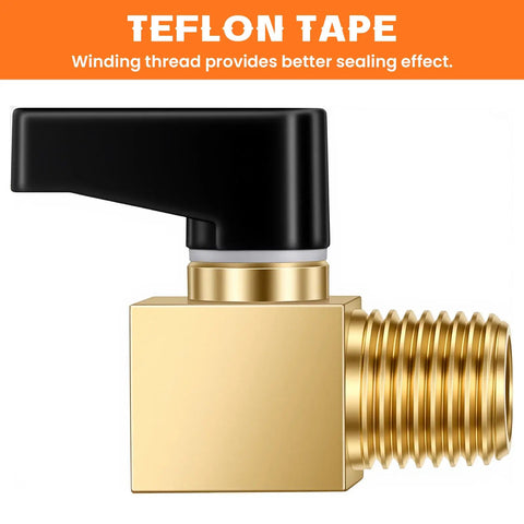 Side view of brass air compressor drain valve with black handle and threaded end, highlighted with Teflon tape sealing benefits.