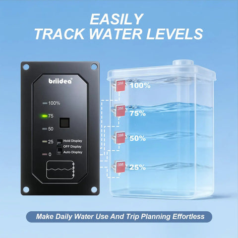 Water Level Monitor For RVs And Boats With Probeless Adhesive Sensors LED Indicator External view with clear gauge display and water levels
