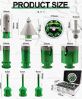 Pro Grade Diamond Core Drill Bits Set For Tile And Stone 11 Piece Kit with grinder and adapter, shown with measurements.
