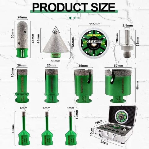 Pro Grade Diamond Core Drill Bits Set For Tile And Stone 11 Piece Kit with grinder and adapter, shown with measurements.