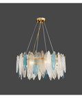 Next Level Modern Round Metal Glass Pendant Light With Six E14 Sockets Sleek Ceiling Hanging Lamp, 15-inch round glass shade with colorful accents.