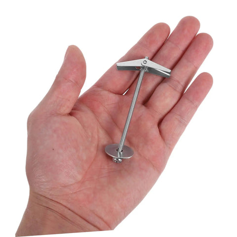 Hand holding single toggle bolt from 15-Piece Toggle Bolt Kit With Wing Nuts For Drywall Anchors Heavy Duty Butterfly Screws