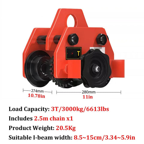 Heavy Duty Manual Chain Geared Trolley Built Dang Tough Steel I Beam Cart shown from the front, adjustable for various beam widths.