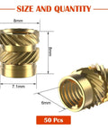 M6 Heat Set Inserts For Plastic, Brass Knurled Nuts, 50 Pack, showing dimensions and close-up of M6x8x8mm brass inserts.
