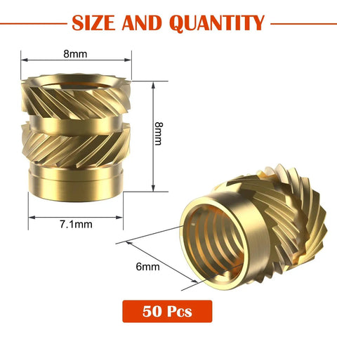 M6 Heat Set Inserts For Plastic, Brass Knurled Nuts, 50 Pack, showing dimensions and close-up of M6x8x8mm brass inserts.