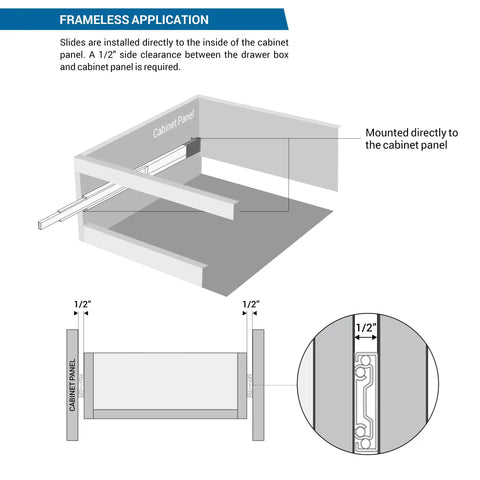 Diagram of Soft Close Full Extension Drawer Slides With Ball Bearing 100 Lb Capacity in frameless cabinet application