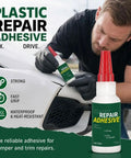 Heavy Duty Car Bumper Repair Adhesive And Quick Cure Auto Body Glue For Exterior Trim Sealing, waterproof, 120ml bottle, in use on car.