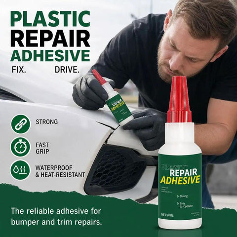 Heavy Duty Car Bumper Repair Adhesive And Quick Cure Auto Body Glue For Exterior Trim Sealing, waterproof, 120ml bottle, in use on car.