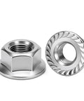 M5 Flange Nuts 30 Pack Serrated Hex Lock Nuts Stainless Steel 304 Heavy Duty Fasteners For Truck Builds Straight Up No Sweat Installation Bulletproof Corrosion Protection Bright Factory Finish two views of stainless steel serrated hex lock nuts.