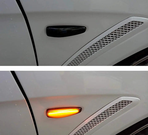 Smoked Amber LED Side Marker Light Assembly Pair With 36 SMD LEDs Sequential Blink Black Smoke Lens installed on Mitsubishi vehicle