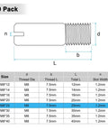 Diagram of Ten Pack M8 x 25mm Slotted Cylindrical Pin Dowel 304 Stainless Steel, highlighting dimensions and thread details.