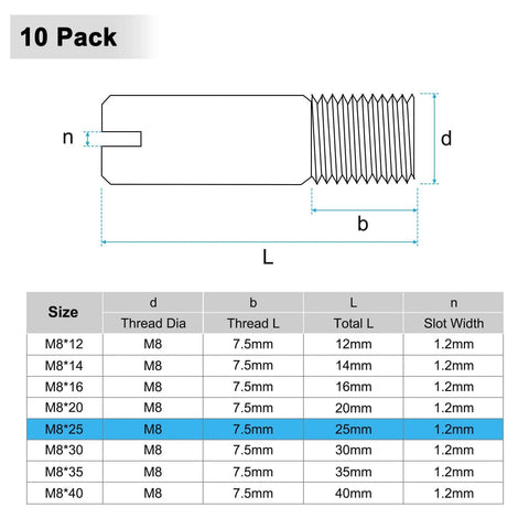 Diagram of Ten Pack M8 x 25mm Slotted Cylindrical Pin Dowel 304 Stainless Steel, highlighting dimensions and thread details.