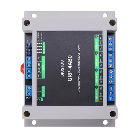 Top view of Optocoupler Isolated GPIO Relay Module, 4 Channel, Dual Mode High And Low Level Trigger in ABS DIN Rail Mount, showing connectors.