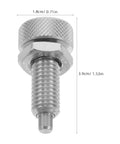 Heavy Duty Stainless Steel Self Locking Indexing Pin And M10 Thread Spring Plunger with knurled handle, dimensions shown.