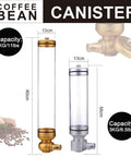Killer Wall Mounted Coffee Bean Dispenser With Durable Aluminum And Clear Acrylic Canister Totally Airtight 5KG Storage Jar For Home Baristas Or Cafe Stash In Glossy Gold Two Pack dimensions and capacity shown.