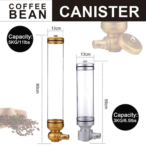 Killer Wall Mounted Coffee Bean Dispenser With Durable Aluminum And Clear Acrylic Canister Totally Airtight 5KG Storage Jar For Home Baristas Or Cafe Stash In Glossy Gold Two Pack dimensions and capacity shown.