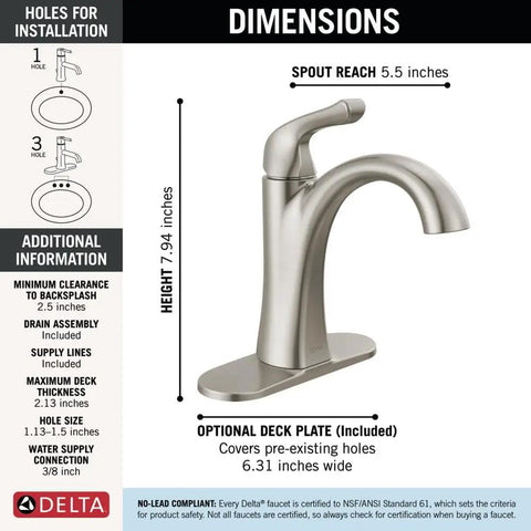 Diagram showing Arvo Brushed Nickel Bathroom Faucet For 1 Hole Vanity Sink dimensions with optional deck plate.