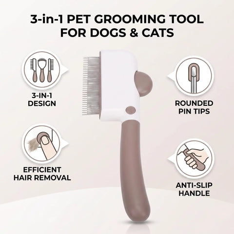 Check Out This Awesome Pet Grooming Kit With A Smooth Self Cleaning Deshedding Brush Rotating Knob And Multi Metal Comb For Fast Fur Removal On Long Or Short Haired Pups Without Any Mess 3-in-1 tool