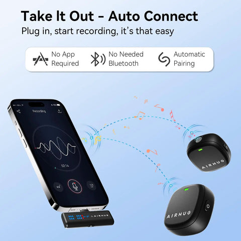 Wireless Lavalier Microphone for iPhone Android and PC With 60-Hour Battery 48KHz 24Bit Audio shown with auto-connect feature