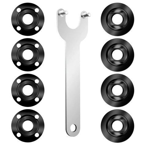 Badass 9 Piece Angle Grinder Tool Kit Featuring Heavy Duty Steel Flange Lock Nut Spindle Wrench For 5 8 11 Threads On 4.5 And 5 Inch Machines: black flanges and steel wrench for angle grinder use.