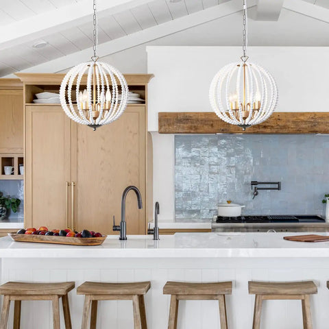 White Wood Beaded Chandelier Four Light Boho Farmhouse Pendant With E12 Base And Adjustable Chain For Dining Room Foyer Bedroom Kitchen Island Perfect For Coastal Shabby Chic Modern Rustic Vibe Decor