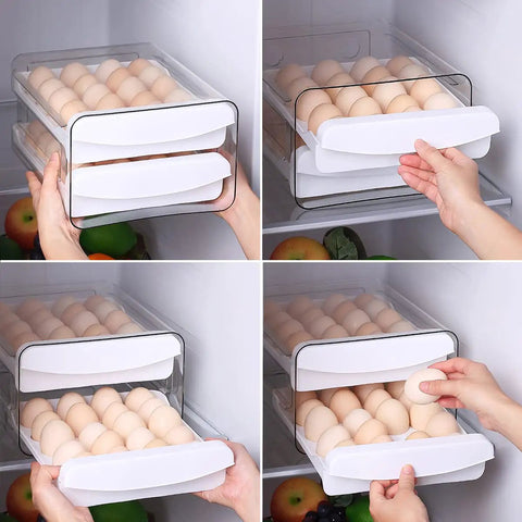 Clear Plastic Egg Holder With Two Layer 40 Egg Capacity Drawer Style Fridge Storage Box For Fresh Eggs with hands accessing eggs