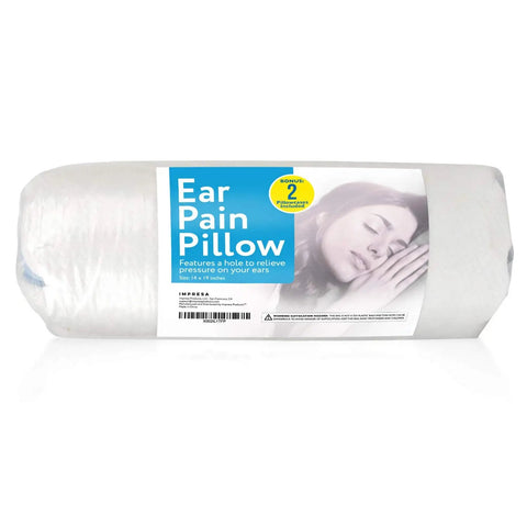Firm Memory Foam Pillow With Ear Hole For Side Sleepers, 14 By 19 Inches, White, product packaging with ear pain relief label