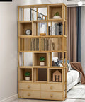 Six Layer Rustic Wood Bookshelf Set Designed For A Fresh Setup With Sturdy Standing Storage Shelves featuring open cubbies and drawers.