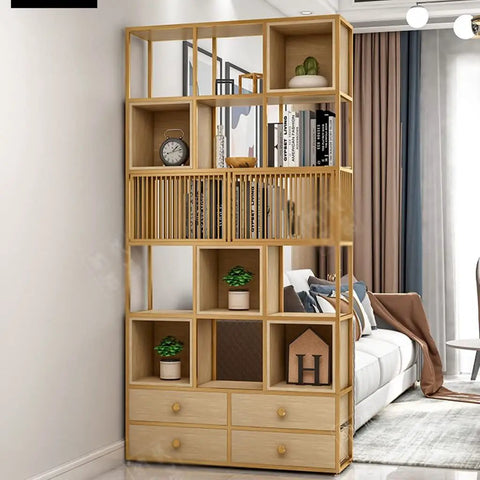Six Layer Rustic Wood Bookshelf Set Designed For A Fresh Setup With Sturdy Standing Storage Shelves featuring open cubbies and drawers.