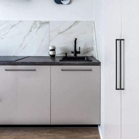 10 Pack 18 Inch Square Cabinet Handles Matte Black Drawer Pulls For Kitchen Cabinets And Furniture Hardware visible on modern kitchen cabinet