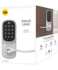 Dead Easy Z Wave Smart Door Lever With Backlit Keypad And Auto Relock For Seamless Home Automation And Top Shelf Satin Nickel Finish on packaging.