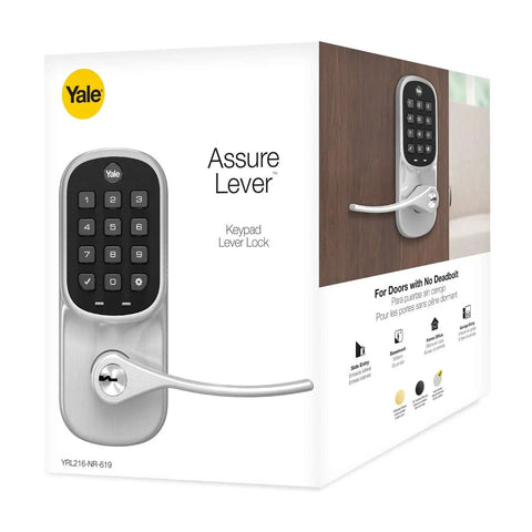 Dead Easy Z Wave Smart Door Lever With Backlit Keypad And Auto Relock For Seamless Home Automation And Top Shelf Satin Nickel Finish on packaging.