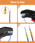 How to use Ratchet Wire Crimping Tool For Open Barrel Terminals, 24-14 AWG, showing different wire crimping steps.