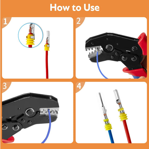 How to use Ratchet Wire Crimping Tool For Open Barrel Terminals, 24-14 AWG, showing different wire crimping steps.