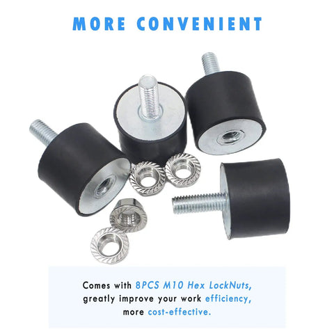 4 Pack M10 Rubber Vibration Isolator Mounts With Hex Lock Nuts for air compressors and diesel engines, non-slip cylindrical mounts.