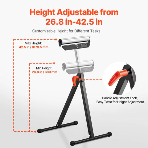 Built Like A Tank Heavy Duty Roller Stands Two Pack Adjustable Shop Supports Carry Up To One Hundred Thirty Five Pounds Roll Easy With Pipe Lumber Saw Horse And Workshop Gear height adjustable between 26.8 to 42.5 inches.