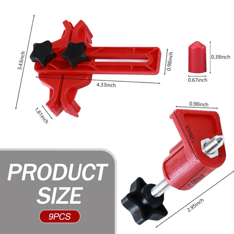 Front view of a red 9-piece car camshaft timing gear locking tool set with dual locking arms and knobs.